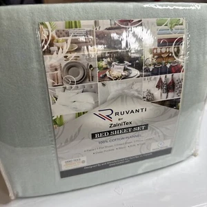 RUVANTI Flannel Sheets Queen Size 100% Cotton Double Brushed 4pcs Green - Picture 1 of 4