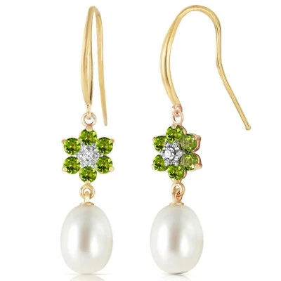 14K Solid Yellow Gold Fish Hook Earrings w/ Diamonds, Peridots & Pearls - Image 1 of 3