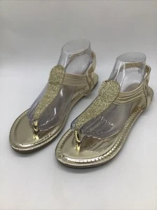 Rekayla Women’s Gold Sparkly Strappy Elastic Dressy T Strap Flat Sandals Sz. 10M - Picture 1 of 17