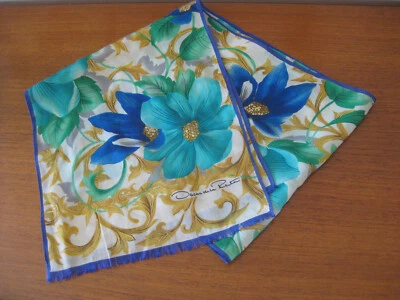 Oscar De La Renta Vintage BUFANDA SEDA FLORAl Turquesa, Aqua Oro Azul Flecos Extremos Foto 1 de 3