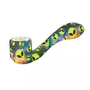 Glows in the dark Silicone Smoking Pipe, Glass bowl ~ Alien Pattern ~ 4.5 inch. - Picture 1 of 2