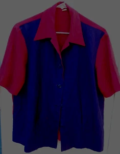 VINTAGE 50'S WOMEN'S  RED & BLUE " GABARDINE  SHORT SLEEV BUTTON TOP SZ LRG  20B - Picture 1 of 6