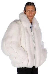 Mens Real Natural White Fox Fur Jacket Coat Zippered - Picture 1 of 3