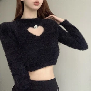 Lady Faux Mohair Sweater Jumper Crop Tops Hollow out Slim Fitted Pullover Casual - Picture 1 of 20