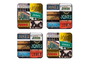 Personalized Coasters featuring the name JONES in photos of signs - Set of 4 - Picture 1 of 1