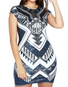 NEW EXPRESS BLUE SEQUIN EMBELLISHED CAP SLEEVE MINI SHEATH DRESS SIZE XS - Picture 1 of 5