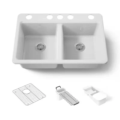 Riverby Workstation Undermount Cast Iron 33 5-Hole Kitchen Sink Kit White w/ Acc - Image 1 of 4