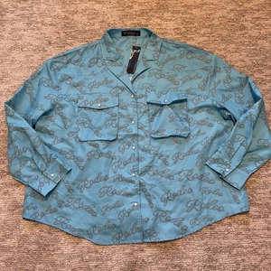 Lucky & Blessed Rodeo Pearl Snap Western Size 2XL Blue Long Sleeve Low Neck NWT - Picture 1 of 6