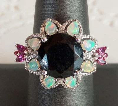 Impresionante Anillo Floral Turmalina Negra Welo Ópalo Granate Platino .925 Talla 8 7.75ct Foto 1 de 4