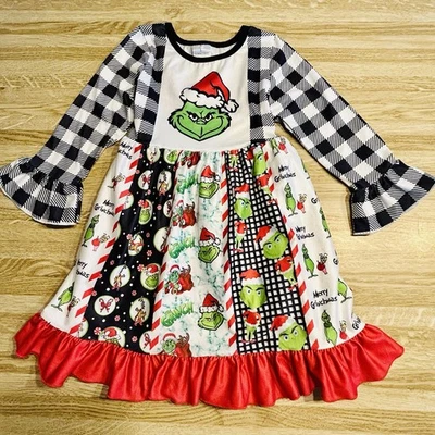 Vestido de Navidad GRINCH Niñas Talla L (4-5) Rojo Verde FELIZ GRINCHMAS Suave Elastizado Foto 1 de 4