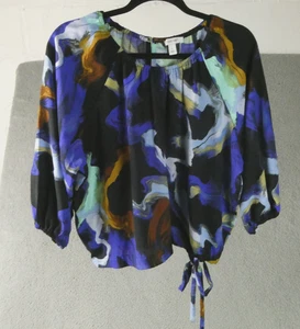 Nine West Blouse Womens Large Blue Black Abstract Print Tie Waist 3/4 Sleeve Top - Picture 1 of 13
