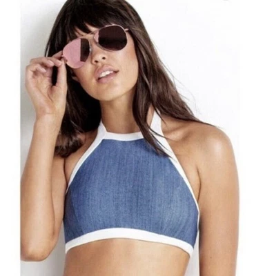 Seafolly Anthropologie Block Party Denim Blue White Halter Bikini Top 8 - Image 1 of 4