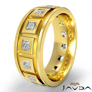 Princess Diamond 9.25mm Ring Mens Eternity Wedding Band 18k Yellow Gold 1.4 Ctw - Picture 1 of 6