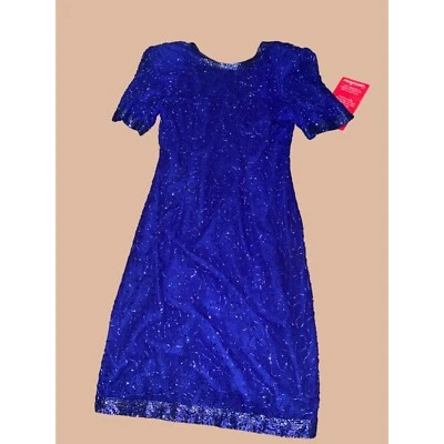 Vintage Stenay Royal Blue Beaded Silk Sequin lined  Dress Size 8 Zipper India - Image 1 of 4