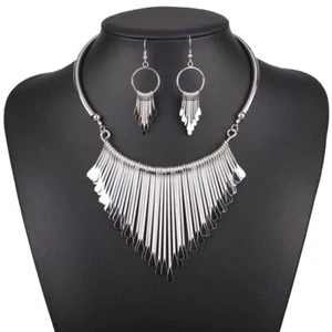 Silber Fransen Quaste Halskette Ohrringe Set Quaste Halsband Choker Trendy Schmuck - Bild 1 von 12
