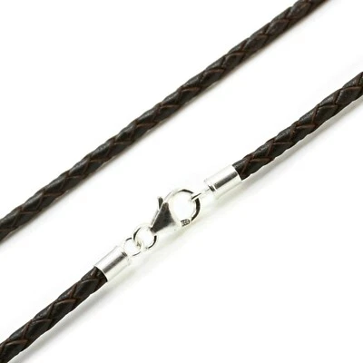 Collar de cuero para hombre/dama - Cierre de plata de ley - Cordón trenzado marrón oscuro de 3 mm Foto 1 de 3