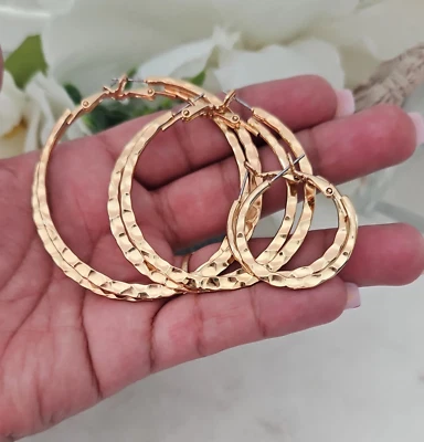 Gold Hammered Hoop Earrings, Flat Hammered Hoop Earring, 14k Heavy Plated Gold - Image 1 of 4