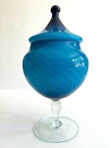 MID CENTURY MODERN EMPOLI ITALY CERULEAN BLUE OMBRE ART GLASS CANDY BOWL JAR - Picture 1 of 12