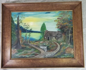 Antica pittura ingenua primitiva arte popolare paesaggio foresta lago casa - Foto 1 di 10