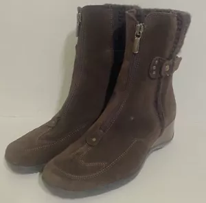 Aquatalia Boots Mia Heeled Ankle Size 8 Brown Wedge Knit Cuff Zip Suede $475 - Picture 1 of 11