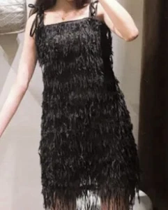 NWT ZARA Women’s Black Sequin Fringe Tie Strap Party Cocktail Mini Dress Small S - Picture 1 of 4
