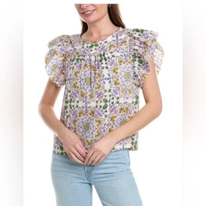 NWT Lilia P Flutter Sleeve Seamed Top Floral Women’s Sz M Cottagecore Farm Boho - Picture 1 of 9