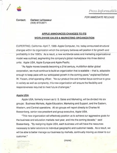 ITHistory (1988) APPLE PRESS Release: CHANGES TO WORLDWIDE SALES/MARKETING BR - Imagen 1 de 1