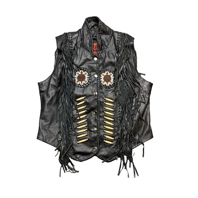 Винтажный Hot кожи мотоциклиста жилет AZTEC родной бахрома женский размер L - Изображение 1 из 4