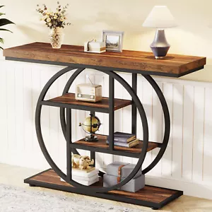 Industrial 4-Tier Sofa Table Entryway Table with Circle Base, Rustic Brown - Picture 1 of 12