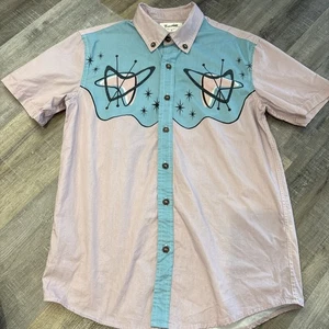Boozelele Shirt Mens Small Blue Button Up Mod Rockabilly Atomic Retro 50s READ - Picture 1 of 17