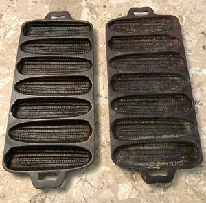 Vintage Seasoned Cast Iron 7 Ear Corn Cob Cornbread Pan Muffin Mold Lot Of 2 - Picture 1 of 9