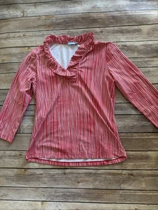 J. McLaughlin Collar Top Womens XS Red 3/4 Sleeve Stretchy Shirt Stripe - Picture 1 of 6