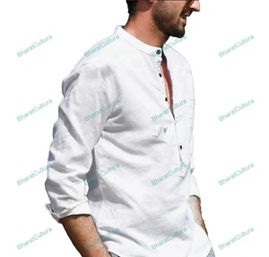 Mens Kurta White Shirt Solid Kurta Mens Wear Cotton Kurta Long Sleeve Kurta - Imagen 1 de 9