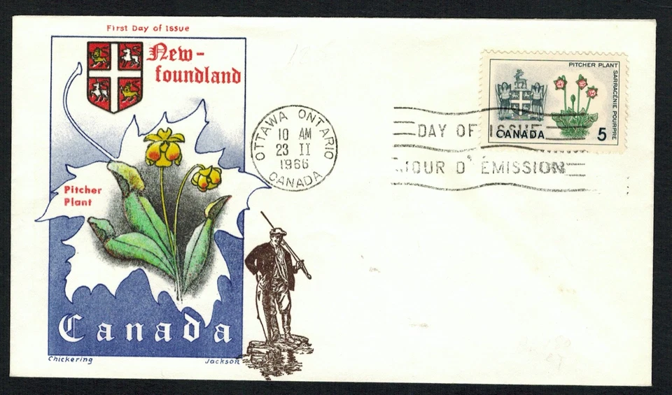 Canadá #427, 1966 5¢ emblema floral de Terranova, Jackson + prestigio en el extranjero FDC VF Foto 1 de 1