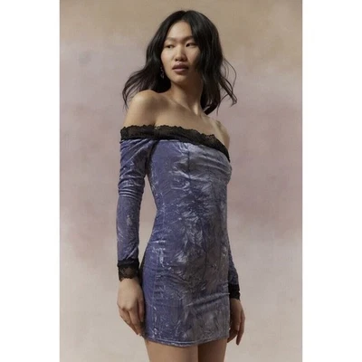 Nwt Urban Outfitters Kimchi Azul Ryder Terciopelo Encaje De Hombro Vestido Sz L - Imagen 1 de 4