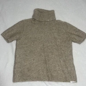MaxMara Damenpullover taupe Trichterausschnitt Wolle Kurzarm Pailletten Größe Large - Bild 1 von 7