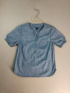Talbots Womens Top MP Petite Blue Short Sleeve Round Neck Button Accent Blouse - Picture 1 of 8