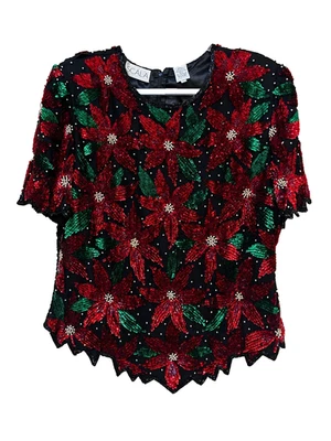 Scala Christmas Poinsettia 串珠亮片丝绸黑色红色上衣 80 年代 XL 码复古 — 第 1/4 张图片