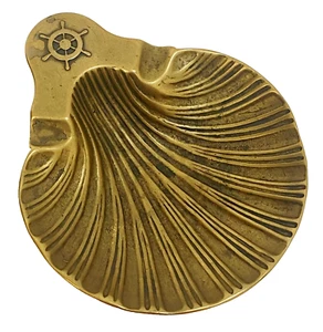 VTG Maritime Solid Brass Ashtray Italy Captain's Library Ship's Wheel Shell Navy - Picture 1 of 9