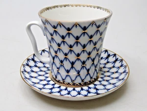 Set Lomonosov Cobalt Blue Gold Net Imperial Porcelain Tea Cup Mug & Saucer - Picture 1 of 9