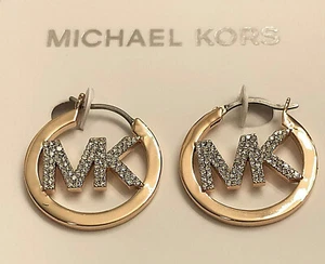 MICHAEL KORS ROSE GOLD-TONE PLATED BRASS PAVE' LOGO HOOP EARRINGS MSRP $129.00 - Picture 1 of 6