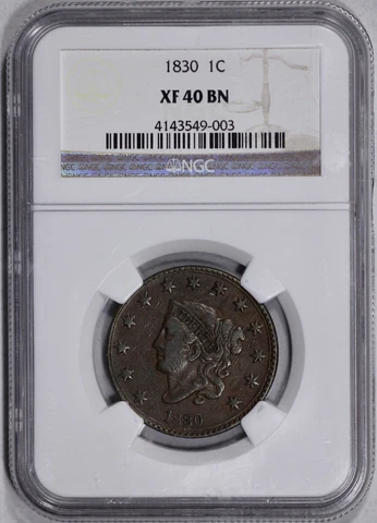 1830 Coronet Head Large Cent 1c NGC XF 40 BN Large Letters Cover