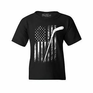 Distressed Hockey American Flag Patriotic Youth's T-Shirt Hockey Shirts - Picture 1 of 10