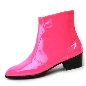 Botas al tobillo Para Hombre Rosa Brillante Cremallera Lateral Hechas a Mano COREA 1.77" Tacones Cubanos - Imagen 1 de 8