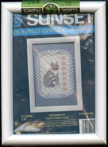 Floral - Sunset Katze Kreuzstich KIT - 5 x 7" mit separatem Rahmen NEU 1987 - Bild 1 von 3