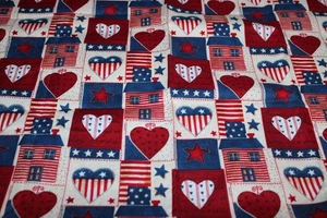 Heart Houses Red White Blue Cotton Fabric David's Textiles 1 Yard - Picture 1 of 1