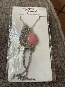 Genuine Rose Quartz silver tone chain pendant necklace by Toni New 18 X 25mm - Picture 1 of 5