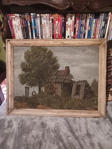 Altes Vintage verlassenes Bauernhaus auf Schindel Gemälde gerahmt, primitiv, getragen. - Bild 1 von 17