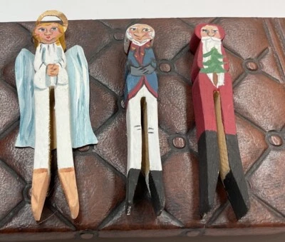 Handpainted Wooden Clothespin Primitive Folk Art VTG “88” Christmas Angel Santa - Image 1 of 4