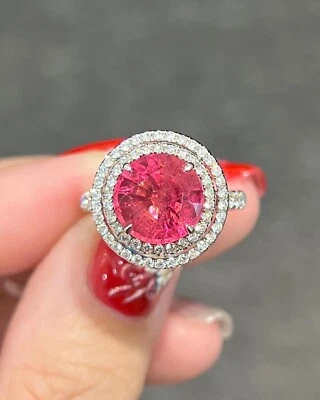 Anillo de compromiso redondo de diamantes y turmalina rosa natural de 4,21 quilates de oro blanco de 14 quilates Foto 1 de 4